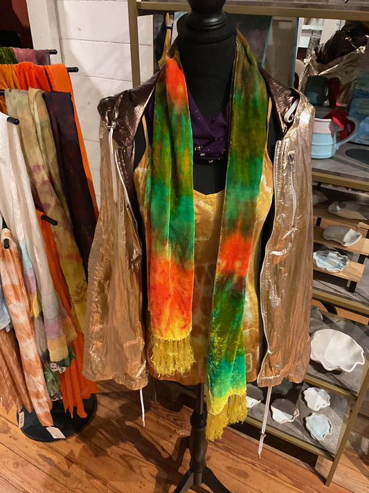 Catmaid green,orange,yellow velvet tie dye scarf with tassels