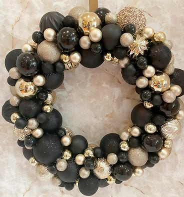 Large Black and Gold Christmas Ornament Wreath
