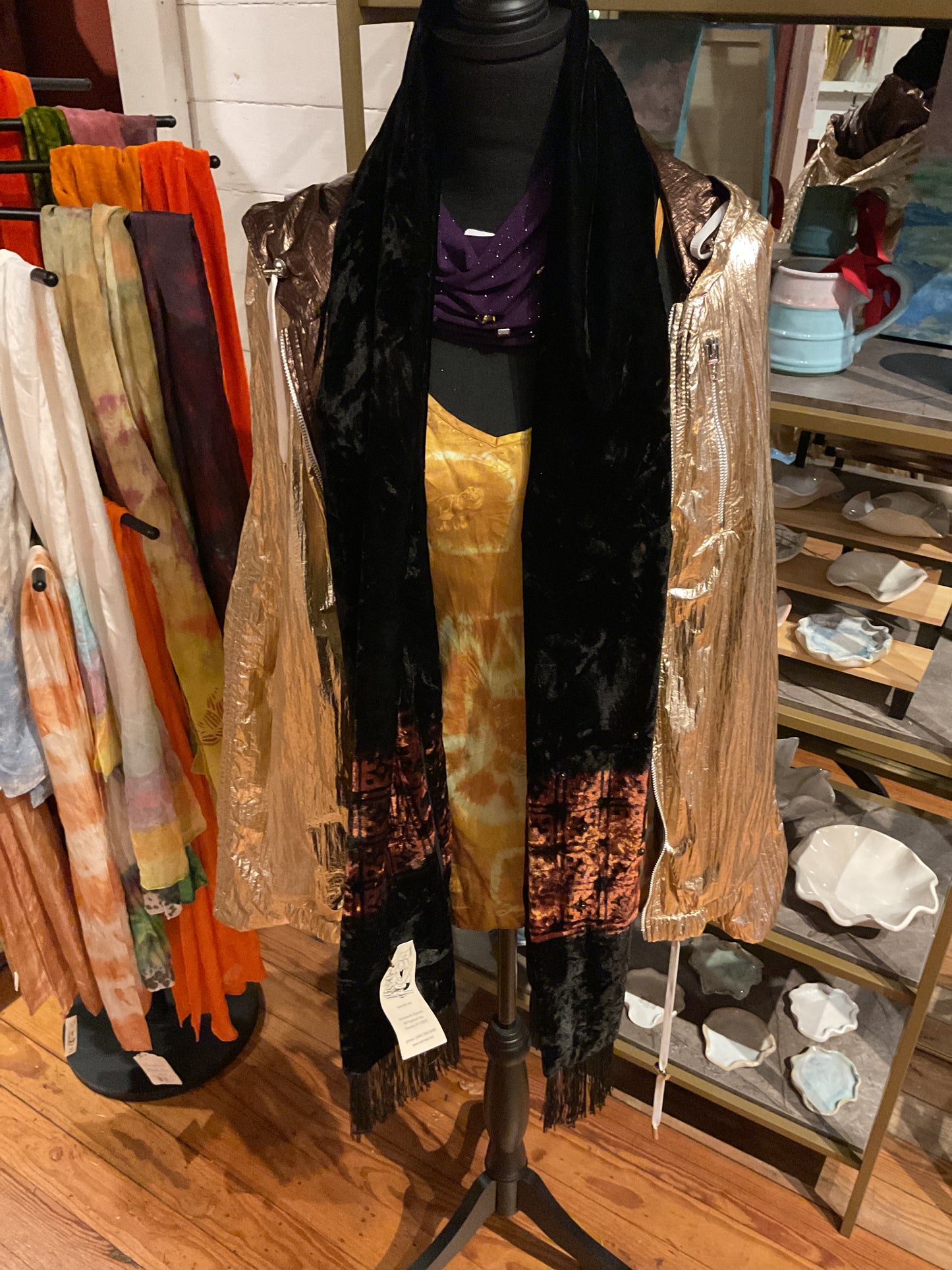 Catmaid black,brown beaded velvet scarf with tassels