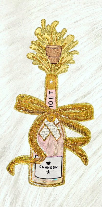 Scratch Decor - Pink Rose Champagne with Bow Cheers Toast Large Sequin Iron on Patch