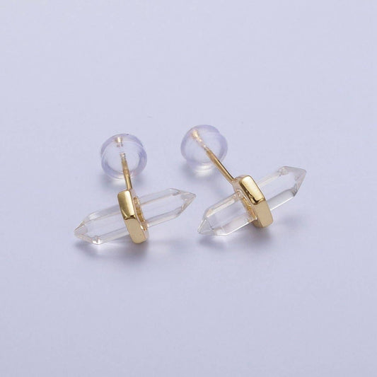 Aim Eternal - Clear Quartz Pointed Wand Gold Minimalist Stud Earrings | AD-097