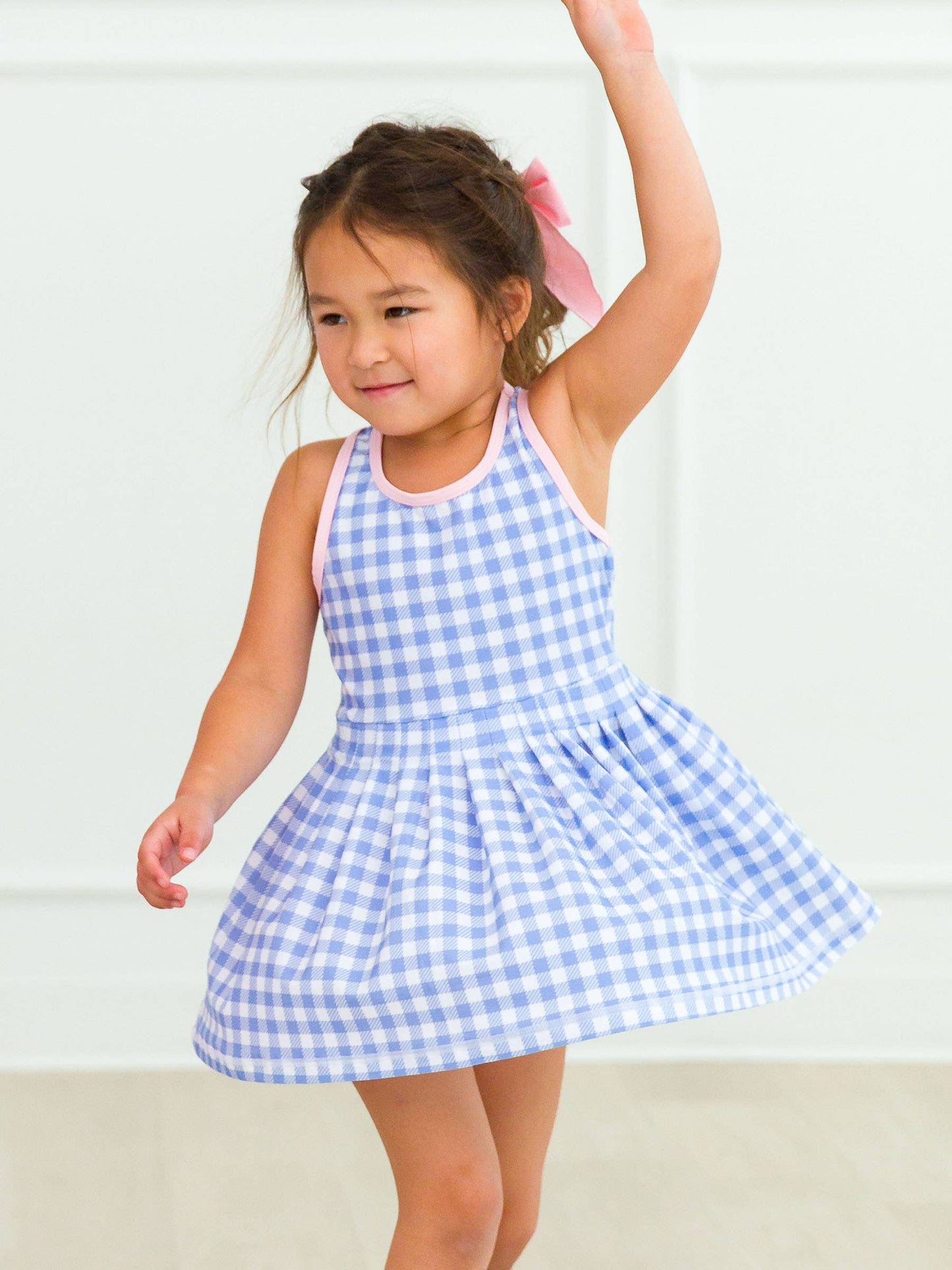 RuffleButts + RuggedButts - Girls Periwinkle Blue Gingham Pleated Skirt Active Dress & Bike Short Set