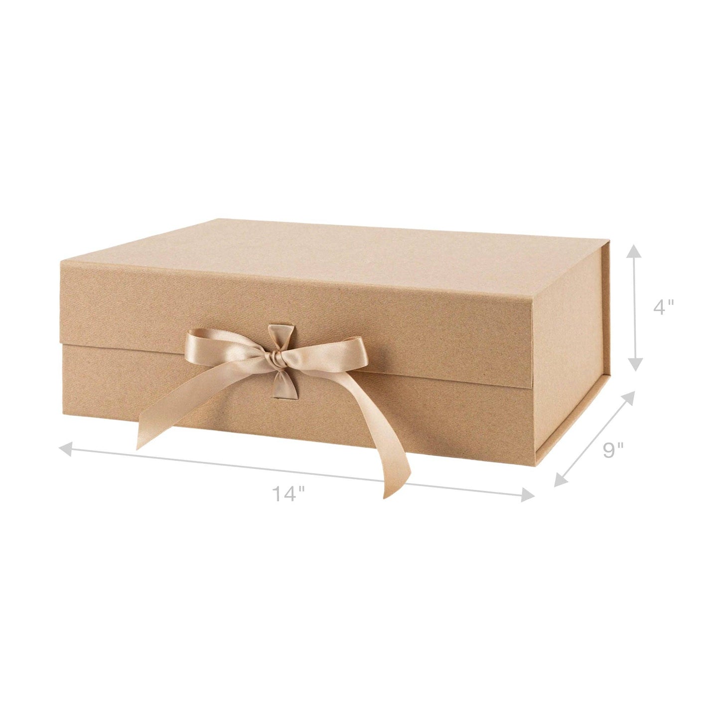 LA Ribbons Wholesale - 14" x 9" x 4.3" Collapsable Gift Box w/ Satin Ribbon & Magnetic Square Flap Lid | Kraft