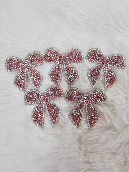 Scratch Decor - Small Bow with Silver Outline and Pink Rhinestone Iron-on Patch