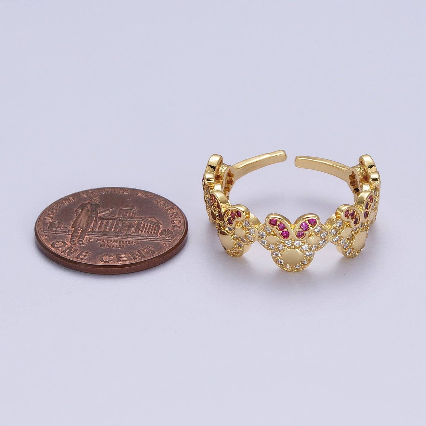 Aim Eternal - Dainty Cute Micro Pave Gold Bowed Mouse Adjustable Ring O184