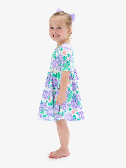 RuffleButts + RuggedButts - Girls Purple Hydrangea Garden Short Sleeve Knit Twirl Dress