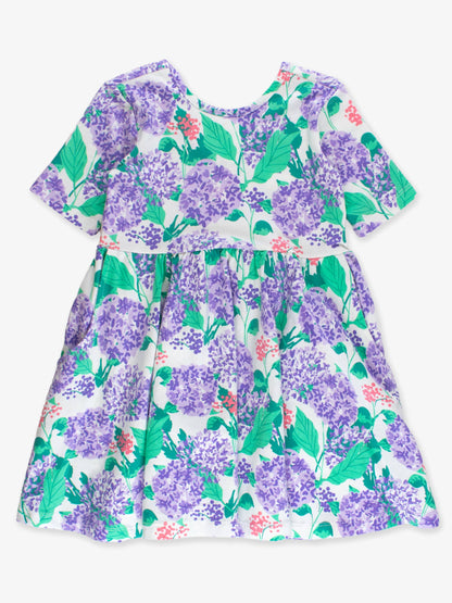 RuffleButts + RuggedButts - Girls Purple Hydrangea Garden Short Sleeve Knit Twirl Dress