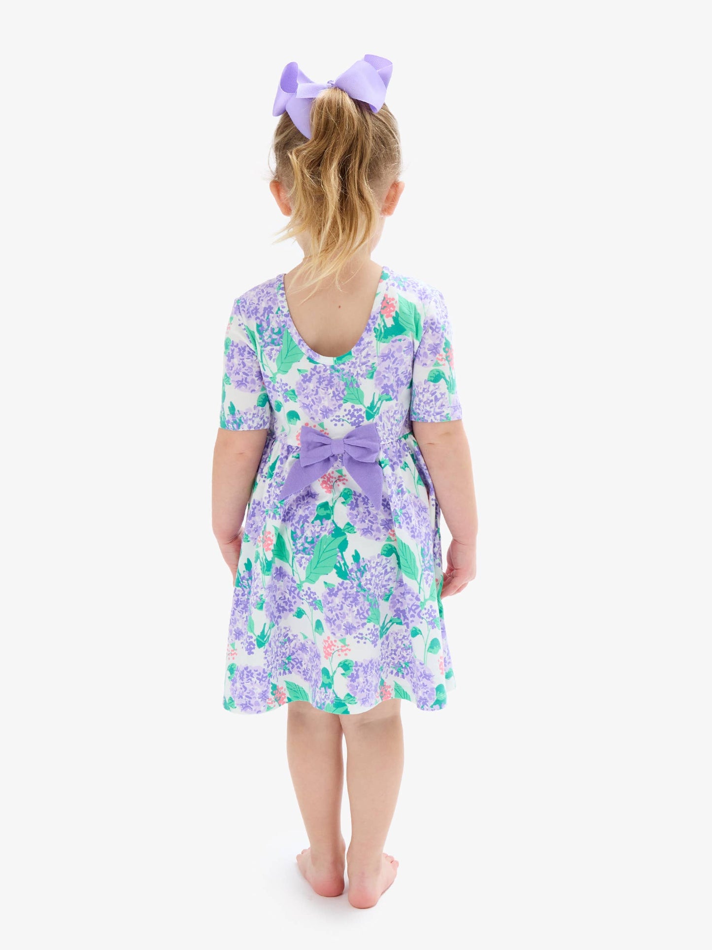 RuffleButts + RuggedButts - Girls Purple Hydrangea Garden Short Sleeve Knit Twirl Dress