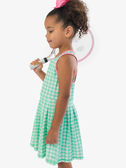RuffleButts + RuggedButts - Girls Spring Bud Gingham Pleated Skirt Active Dress & Bike Short Set