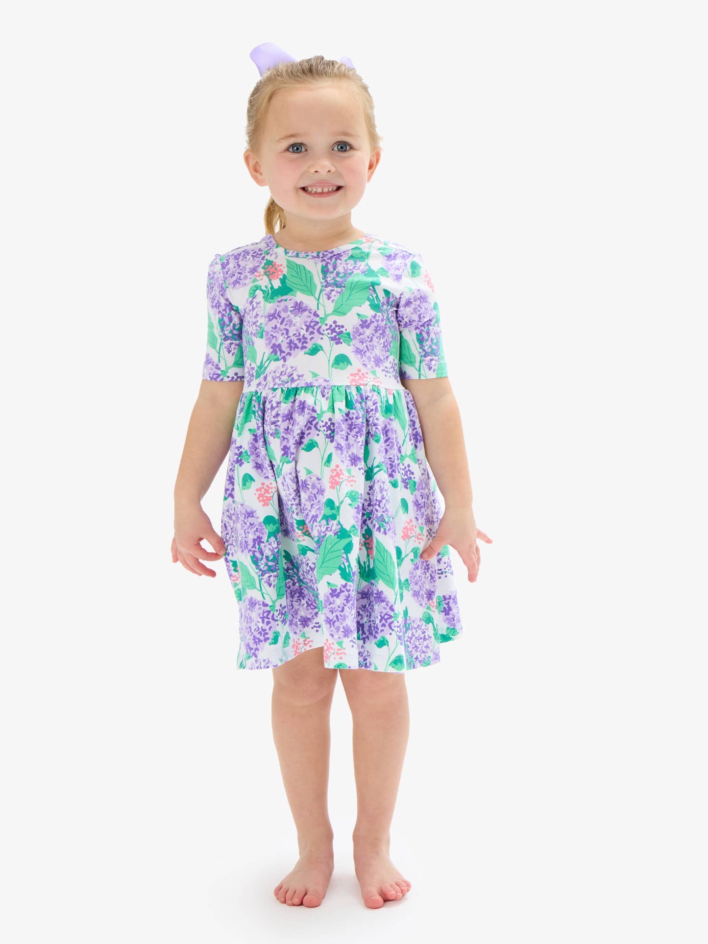 RuffleButts + RuggedButts - Girls Purple Hydrangea Garden Short Sleeve Knit Twirl Dress