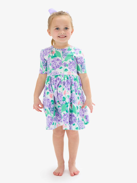 RuffleButts + RuggedButts - Girls Purple Hydrangea Garden Short Sleeve Knit Twirl Dress