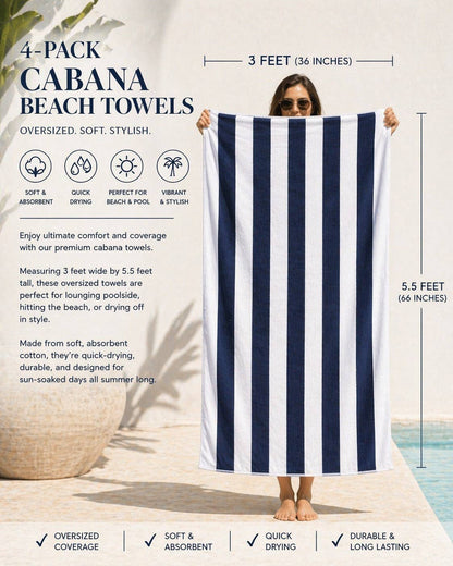 Infinite Basics - Cabana Beach Towels – Oversized 36" x 66" Striped Pool & Beach Towels, Soft Quick-Dry Cotton Blend Bath Towels for Beach, Pool, Vacation & Summer Travel