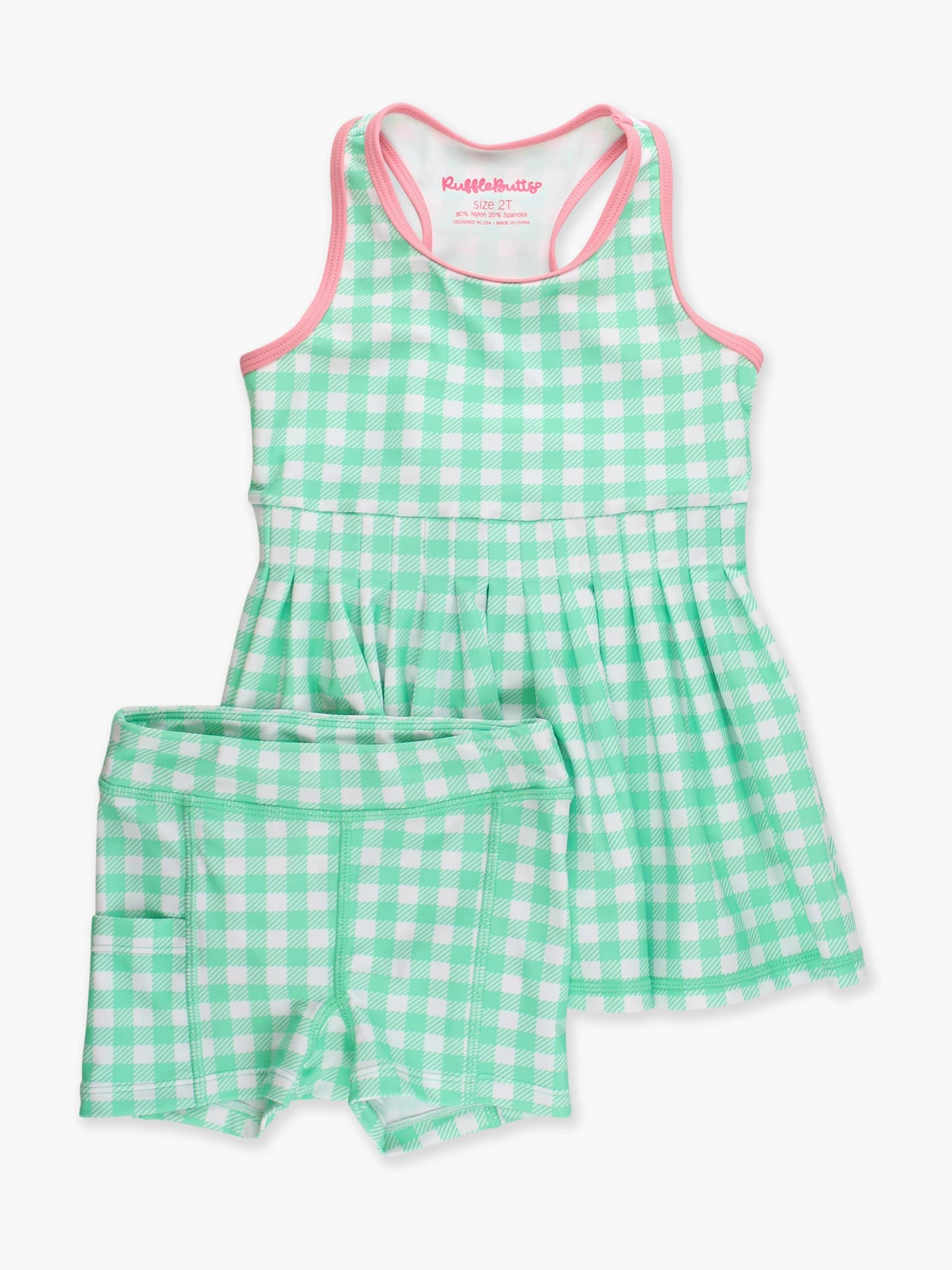RuffleButts + RuggedButts - Girls Spring Bud Gingham Pleated Skirt Active Dress & Bike Short Set