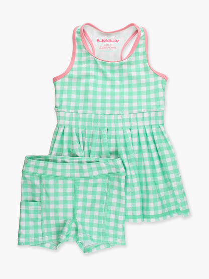 RuffleButts + RuggedButts - Girls Spring Bud Gingham Pleated Skirt Active Dress & Bike Short Set