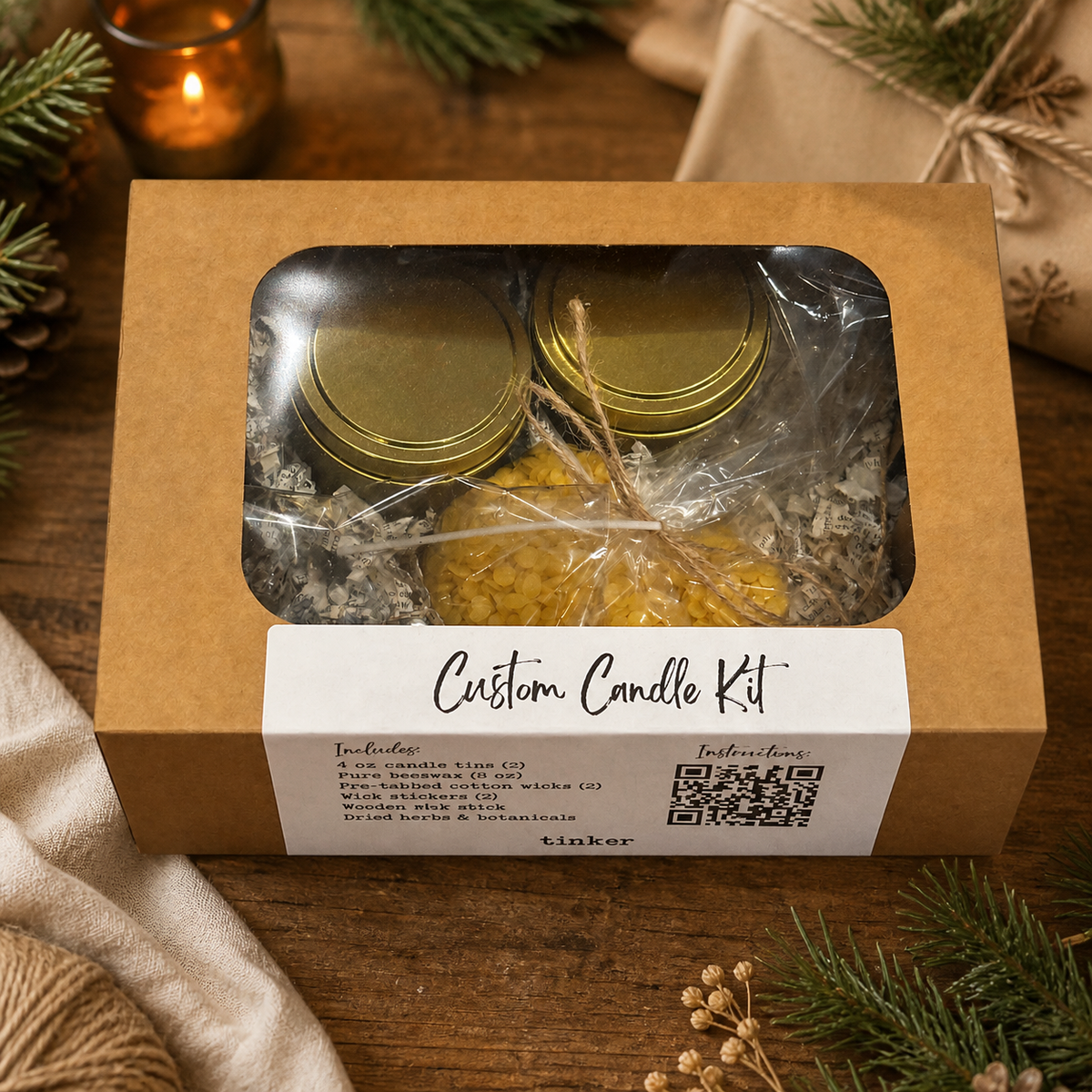 Two-tin pure beeswax candle making kit styled as a warm holiday gift