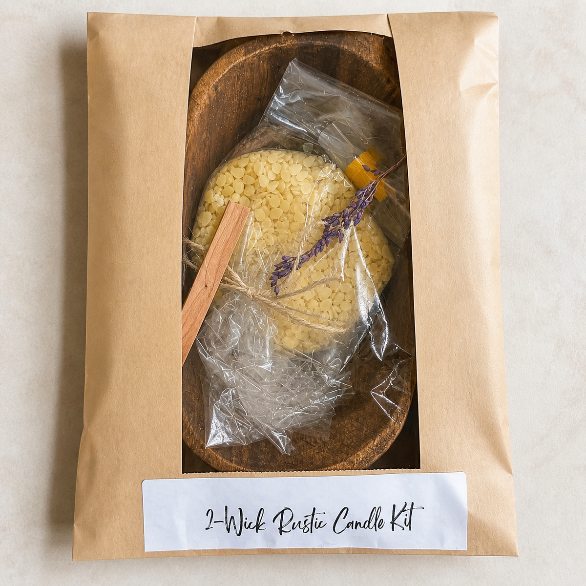 Rustic two-wick candle making kit with wooden vessel, wax, wicks, stir stick, and lavender
