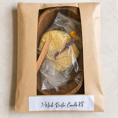 Rustic two-wick candle making kit with wooden vessel, wax, wicks, stir stick, and lavender